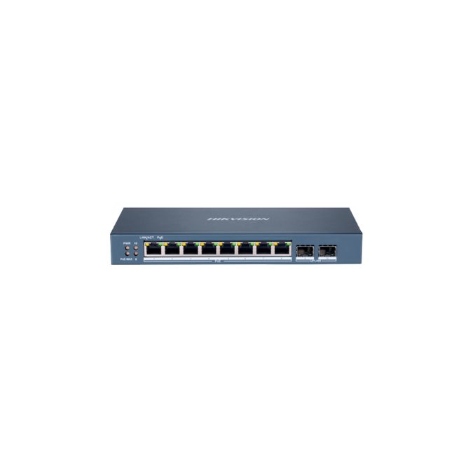 Коммутатор, Hikvision, DS-3E1510P-SI, Управляемый L2, 8 x Gigabit RJ45, РоЕ 802.3af/at 110W, 2 x SFP, Настольный, Long Range Ports 1 to 8: up to 300 m.