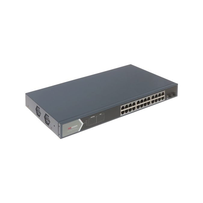 Коммутатор, Hikvision, DS-3E1526P-SI, Управляемый L2, 24 x Gigabit RJ45, РоЕ 802.3af/at 370W, 2 x SFP, Стоечный, Long Range Ports 1 to 24: up to 300 m.