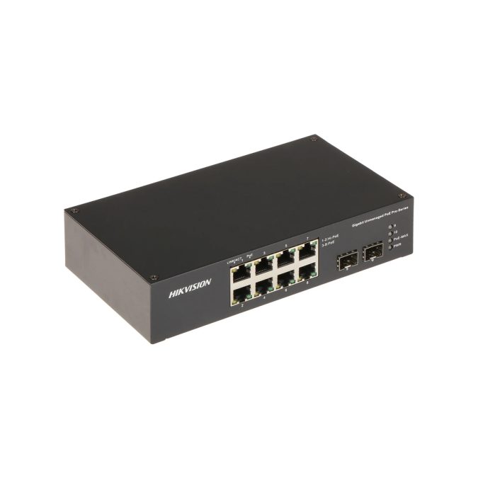 Коммутатор, Hikvision, DS-3T0510HP-E/HS, Неуправляемый, 8 x Gigabit RJ45, РоЕ 802.3af/at/bt 110W, 2 x SFP, Настольный, Long Range Ports 7 to 8: up to 300 m.