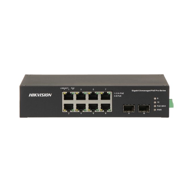 Коммутатор, Hikvision, DS-3T0510HP-E/HS, Неуправляемый, 8 x Gigabit RJ45, РоЕ 802.3af/at/bt 110W, 2 x SFP, Настольный, Long Range Ports 7 to 8: up to 300 m.