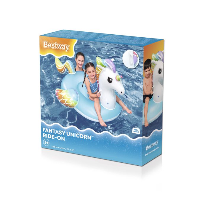 Надувная игрушка для катания верхом Единорог (Fantasy Unicorn) 155 х 119 см, BESTWAY, 41114, Винил, Голубой, С ручками, Цветная коробка