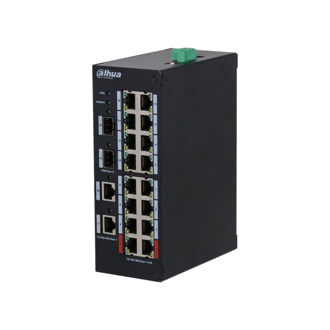 Коммутатор, Dahua, DH-HS3220-16GT-190, Индустриальный, Неуправляемый, 16 портов 10/100/1000Мбит/с (PoE/PoE+/Hi-PoE/IEEE802.3bt до 190Вт), 2 uplink порта SFP,2 uplink порта x 10/100/1000Мбит/с, питание: 48–57 В (DC)