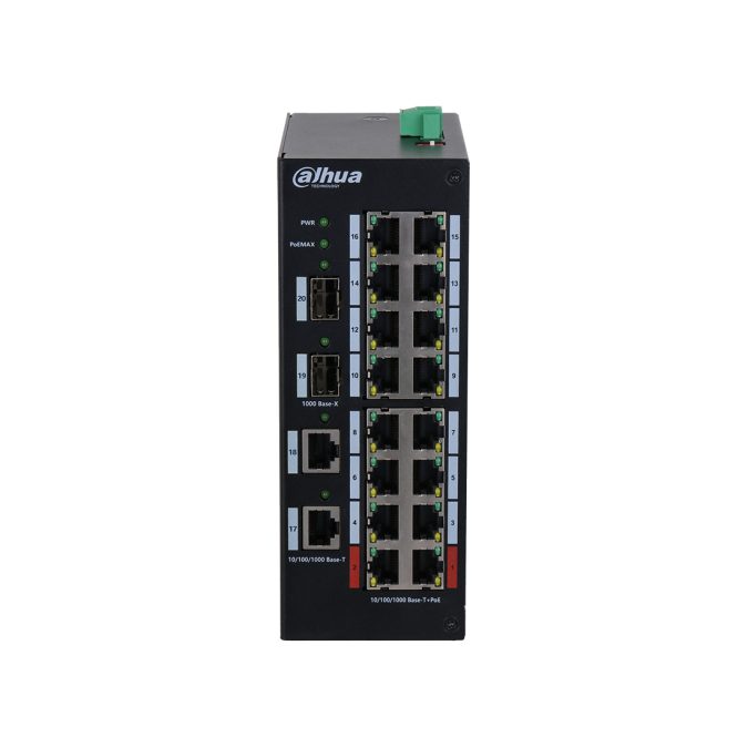 Коммутатор, Dahua, DH-HS3220-16GT-190, Индустриальный, Неуправляемый, 16 портов 10/100/1000Мбит/с (PoE/PoE+/Hi-PoE/IEEE802.3bt до 190Вт), 2 uplink порта SFP,2 uplink порта x 10/100/1000Мбит/с, питание: 48–57 В (DC)