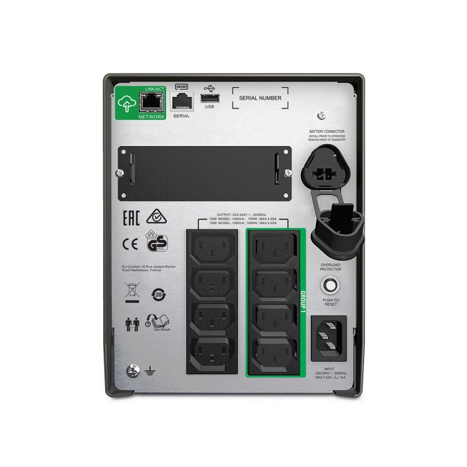 Источник бесперебойного питания, APC, Smart-UPS SMT1500IC, Линейно-интерактивный, Мощность 1500ВА/1000Вт, Напольный, 230В, Вых: 8 x IEC C13, RBC7, SmartConnect Port+SmartSlot, AVR, LCD, Чёрный