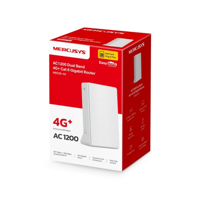 Маршрутизатор, Mercusys, MB230-4G, 802.11a/b/g/n/ac, 1  LAN/WAN 10/100 Мбит/с, 1  порт LAN 10/100 Мбит/с, 1  слот для установки Nano SIM-карты