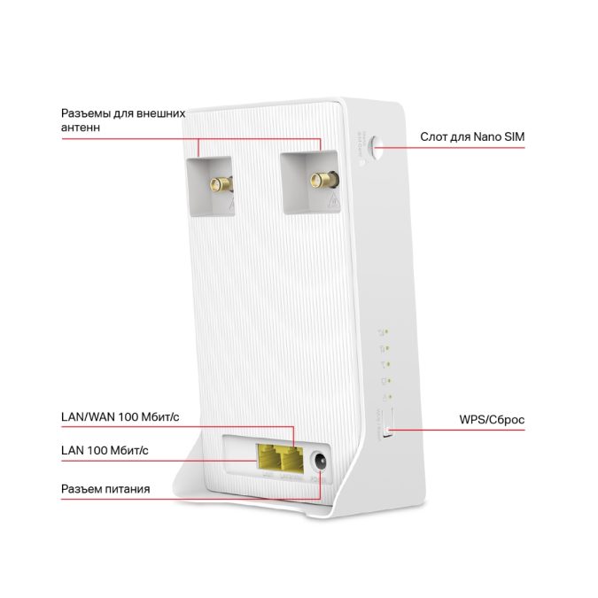 Маршрутизатор, Mercusys, MB130-4G, 802.11a/b/g/n/ac, AC1200, 1  LAN/WAN 10/100 Мбит/с, 1  порт LAN 10/100 Мбит/с, 2 порта для подключения внешней антенны 4G/3G, 1  слот для установки Nano SIM-карты