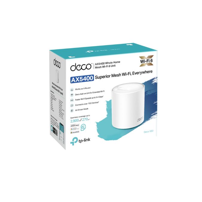 Беспроводная MESH-система Wi-Fi, TP-Link, Deco X60(1-pack), AX5400, Wi-Fi 6, 2,4 ГГц/5 ГГц, 802.11a/b/g/n/ac/ax, 2 порта 10/100/1000M WAN/LAN, 1 модуль в комплекте