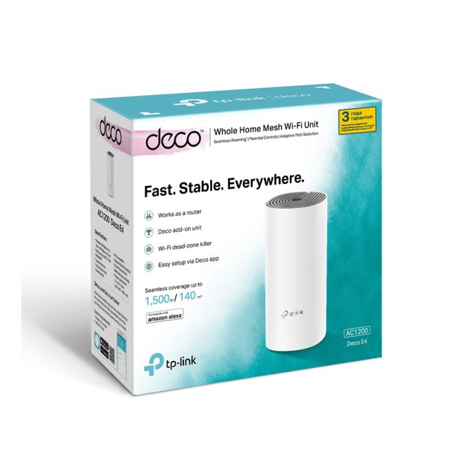 Беспроводная MESH-система Wi-Fi, TP-Link, Deco E4 (1-pack), AC1200, Wi-Fi 5, 2,4 ГГц/5 ГГц, , 802.11a/b/g/n/ac,2 порта 10/100М WAN/LAN, 1 модуль в комплекте