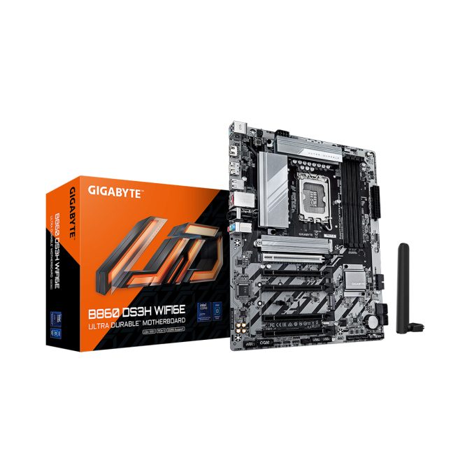 Материнская плата, Gigabyte, B860 DS3H WIFI6E (4719331867515), LGA1851, iB860, 4xDDR5 5600/6400/9066(OC), 4xSATA3, Raid, 2xM.2 (PCI-E 4.0x4/x2), 1хDP, 1xHDMI, 5xPCI-Ex16, WiFi, ATX