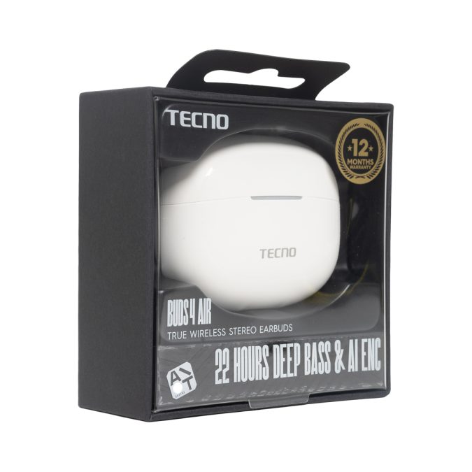 Беспроводные наушники, TECNO, Buds 4 Air, BD04 Air, 20 Гц - 20000 Гц, вес 29 г, 35 мАч (один наушник), 320 мАч (кейс), Bluetooth 5.4, Type-C, (White) Белый