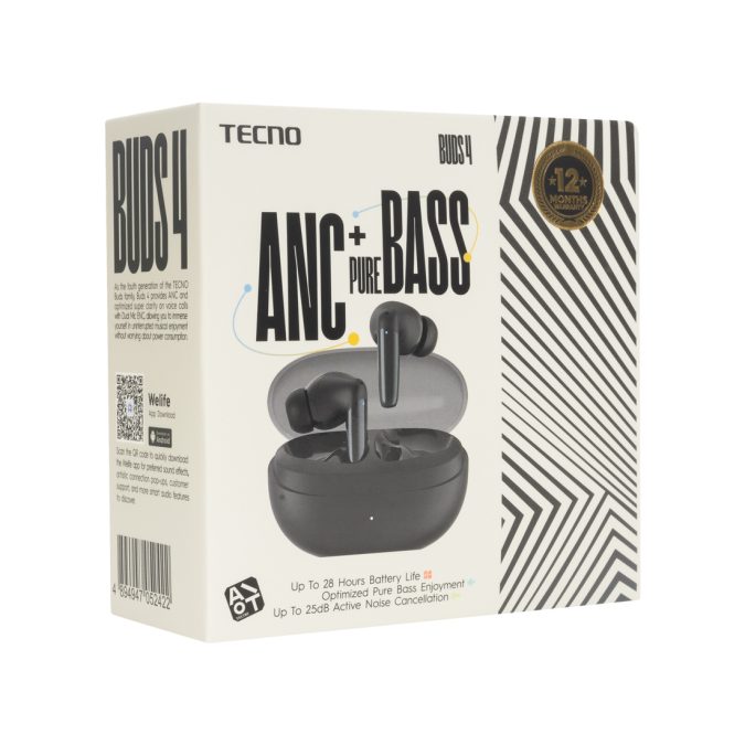 Беспроводные наушники, TECNO, Buds 4, BD04, 20 Гц - 20000 Гц, вес 39,9 г, 50 мАч (один наушник), 500 мАч (кейс), Bluetooth 5.3, Type-C, (Black) Черный