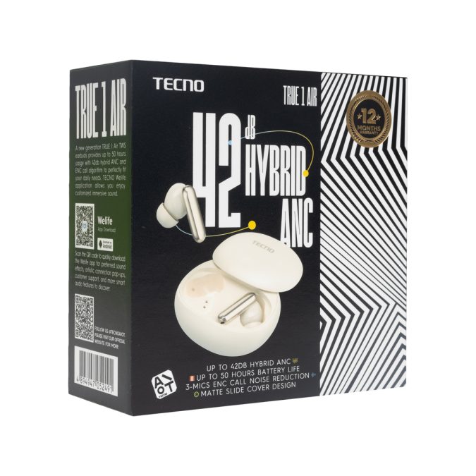 Беспроводные наушники, TECNO, True 1 Air, TU01 Air, 20 Гц - 20000 Гц, вес 60 г, 55 мАч (один наушник), 840 мАч (кейс), Bluetooth 5.4, Type-C, (Creamy White) Белый