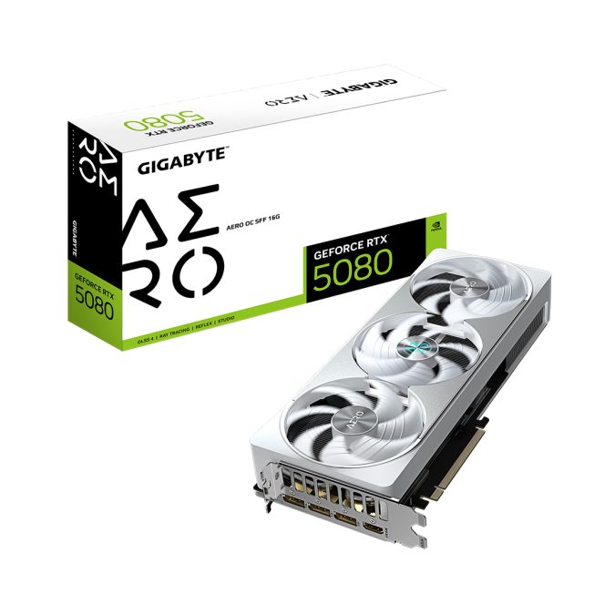 Видеокарта, Gigabyte, RTX5080 AERO OC SFF 16G (GV-N5080AERO OC-16GD) 4719331355555, GDDR7, 256bit, 1-HDMI, 3-DP, Windforce 3X Fan, 304*126*50 мм, Цветная коробка