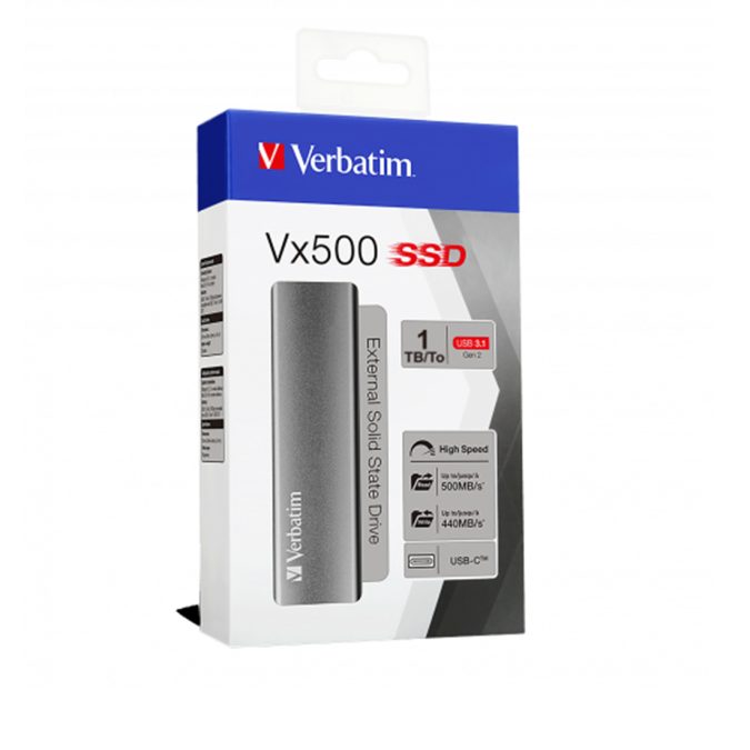 Внешний SSD диск, Verbatim, VX500 47444, 1TB, Type-C и Type-A, Серый