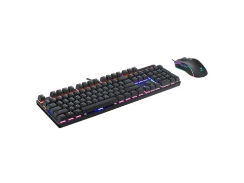 Комплект Клавиатура + Мышь, Rapoo, V150S, Игровой комплект, Оптическая мышь, 6200DPI, USB, Анг/Рус, Длина кабеля 1,8 метра, RGB, Кол-во стандартных клавиш 104, Защита от пролива воды/кофе, Чёрный