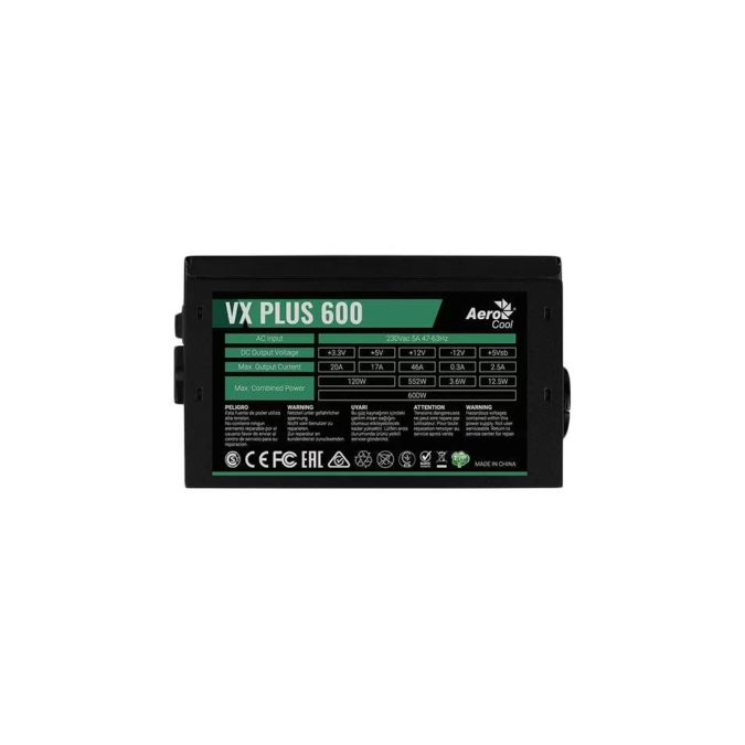 Блок питания, Aerocool, VX PLUS Stealth 600, 600W, ATX, None-PFC, 20+4pin, 4+4pin, 4*Sata, 3*Molex, 1*FDD, 2*PCI-E 6+2pin, Вентилятор 12см, Кабель питания, Чёрный