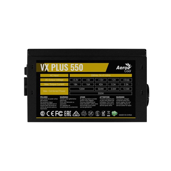 Блок питания, Aerocool, VX PLUS Stealth 550, 550W, ATX, None-PFC, 20+4pin, 4+4pin, 3*Sata, 3*Molex, 1*FDD, 1*PCI-E 6+2pin, Вентилятор 12см, Кабель питания, Чёрный