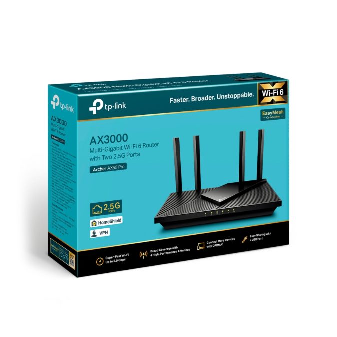 Маршрутизатор, TP-Link, Archer AX55 Pro, 802.11a/b/g/n/ac/ax, AX3000, 1  порт WAN 10/100/1000 Мбит/с, 4  порта LAN 10/100/1000 Мбит/с