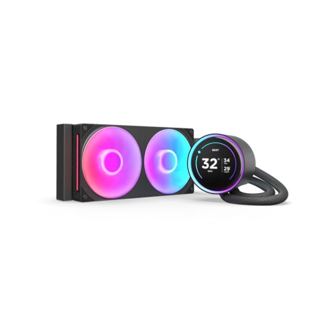 Кулер с водяным охлаждением, NZXT, Kraken Elite 240 RGB V2, RL-KR24E-B2, Intel: LGA 1851/ 1700 / 1200 / 115X, Core i9 / i7 / i5 / i3 / Pentium / Celeron, AMD: AM5 / AM4 / Ryzen 9 / Ryzen 7 / Ryzen 5 / Ryzen 3, TDP 250W, 2*120мм F120 RGB Core Fans, 1200–2800 ±300 об/мин, 78.86 CFM, 30 dB(A), ЖКдисплей 2.72", 28112027мм, Чёрный