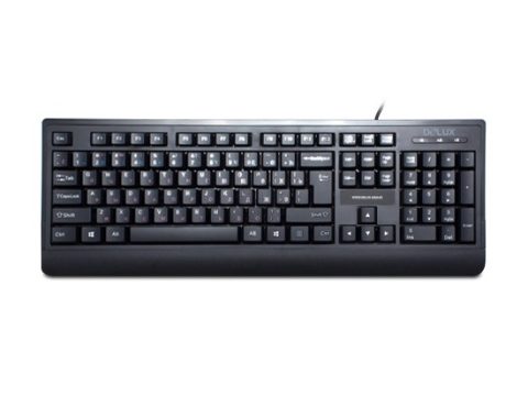 Клавиатура, Delux, DLK-6010UB, USB, Кол-во стандартных клавиш 104, Размер: 449,9*161,84*24,9 мм., Длина кабеля 1,4 метра, Анг/Рус/Каз, Защита от случайного пролива воды/кофе, Чёрный