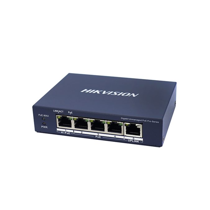 Коммутатор, Hikvision, DS-3E0505HP-E, Неуправляемый, 4 x Gigabit RJ45, РоЕ 802.3af/at/bt 60W, 1 x Gigabit RJ45, Настольный, Long Range Ports 3 to 4: up to 300 m.