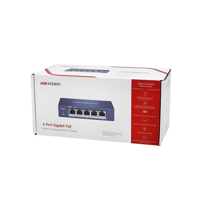 Коммутатор, Hikvision, DS-3E0505HP-E, Неуправляемый, 4 x Gigabit RJ45, РоЕ 802.3af/at/bt 60W, 1 x Gigabit RJ45, Настольный, Long Range Ports 3 to 4: up to 300 m.