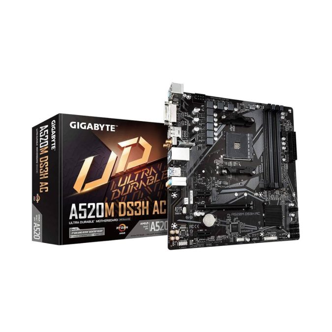 Материнская плата, Gigabyte, A520M DS3H AC (4719331810696), AM4, А520, 4xDDR4 3200, 4xSATA3, 1xM.2 (SATA и PCIe 3.0 x2/x4), 1xDVI-D, 1xHDMI, 1xDP, 1xPCI-Ex16, 2xPCI-Ex1, WiFi, mATX