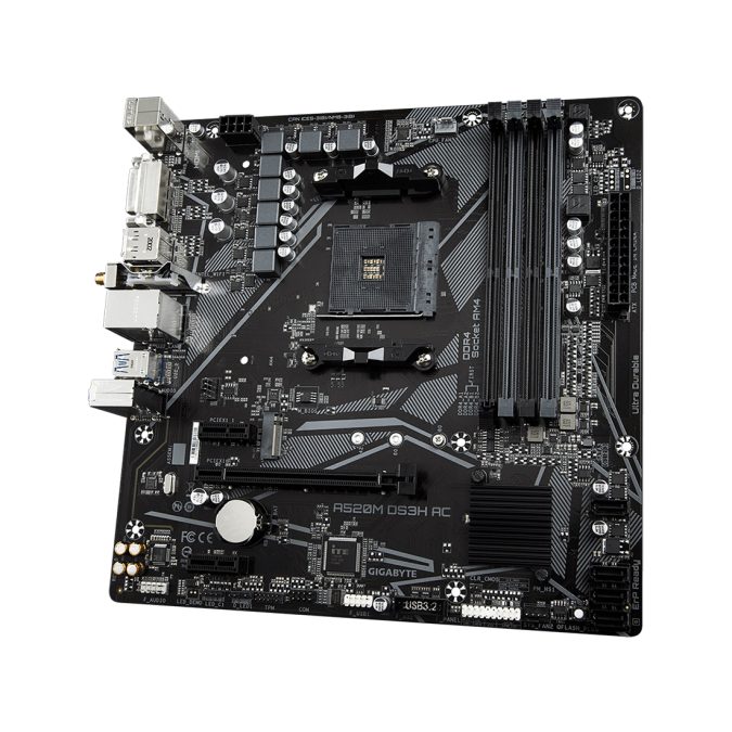 Материнская плата, Gigabyte, A520M DS3H AC (4719331810696), AM4, А520, 4xDDR4 3200, 4xSATA3, 1xM.2 (SATA и PCIe 3.0 x2/x4), 1xDVI-D, 1xHDMI, 1xDP, 1xPCI-Ex16, 2xPCI-Ex1, WiFi, mATX