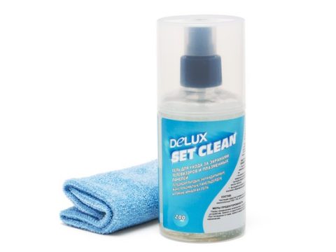 Чистящий набор, Delux, Set Clean, Для ухода за экранами телевизоров и плазменных панелей, Гель 200 мл с салфеткой из микрофибры 25*25 см, Удаление пыли и загрязнений, Дезинфицирует поверхность