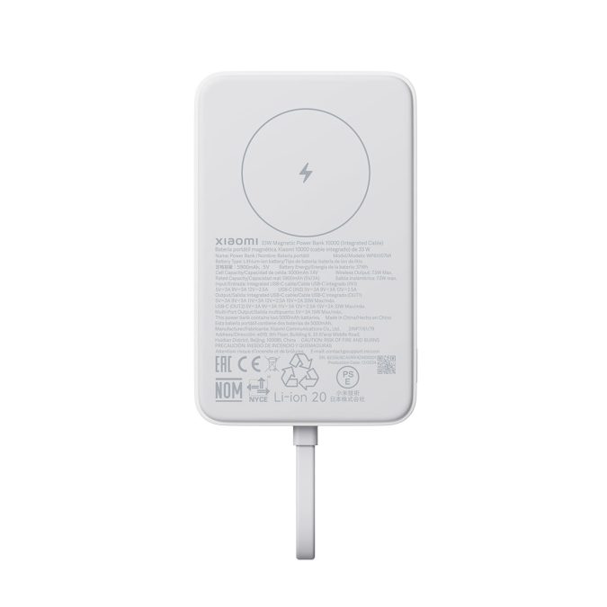 Портативный внешний аккумулятор, Xiaomi, 33W Magnetic Power Bank 10000mAh (Integrated Cable) White, WPB1007MI/BHR9822GL, Выходная мощность 33W (провод), 7.5 Вт (беспроводная зарядка), Литий-ионная батарея, Размер устройства 10,9*6,85*1,98 см, Выход Type-C, Вход Type-C, Белый