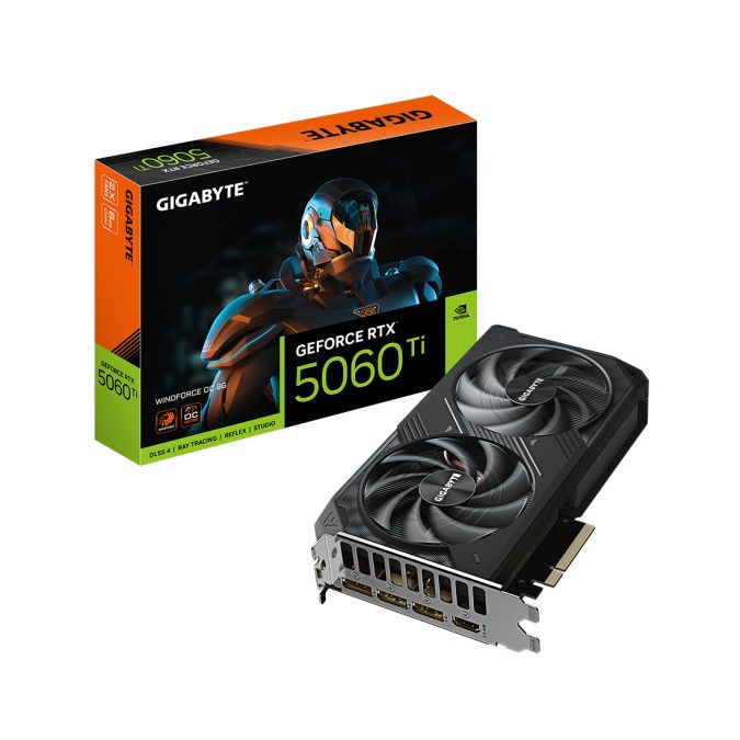 Видеокарта, Gigabyte, RTX5060Ti WINDFORCE OC 8G (GV-N506TWF2OC-8GD) 4719331356057, GDDR7, 128bit, 1-HDMI, 3-DP, Windforce 2X Fan, 208*120*40 мм, Цветная коробка