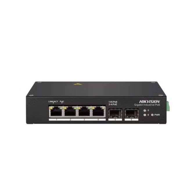 Коммутатор, Hikvision, DS-3T0506HP/No Power unit, Неуправляемый, 4 x Gigabit RJ45, РоЕ 802.3af/at/bt 110W, 2 x SFP, DIN рейка, 90 W Hi-PoE Output for Port 1