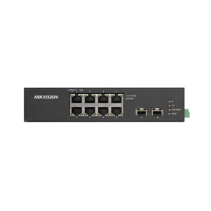 Коммутатор, Hikvision, DS-3T0510HP/No Power unit, Неуправляемый, 8 x Gigabit RJ45, РоЕ 802.3af/at/bt 110W, 2 x SFP, DIN рейка, 90 W Hi-PoE Output for Ports 1-2