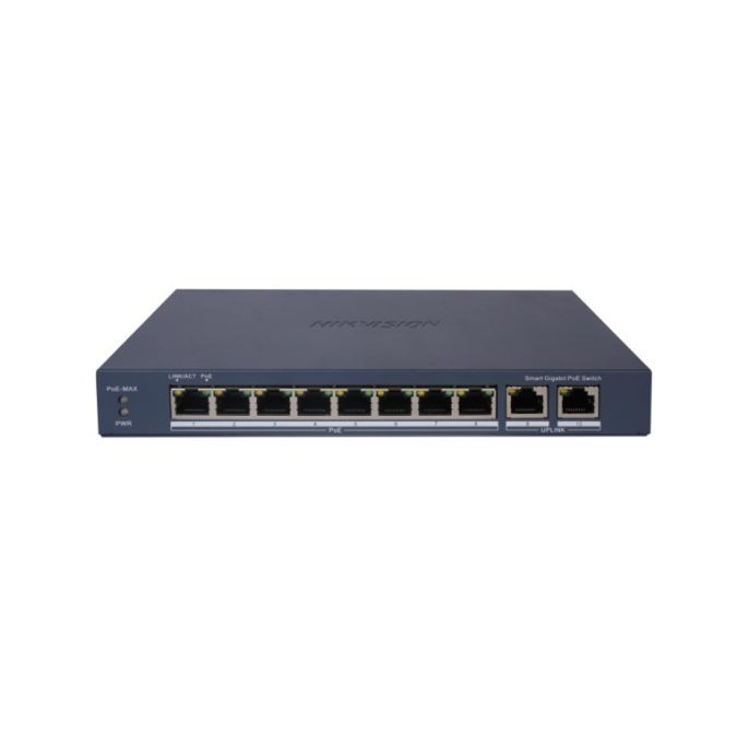 Коммутатор, Hikvision, DS-3E1510P-EI/M-8P2F, Управляемый L2, 8 x Gigabit RJ45, РоЕ 802.3af/at 80W, 2 x SFP, Настольный, Long Range Ports 1 to 8: up to 300 m.