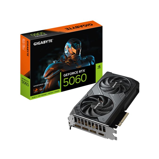 Видеокарта, Gigabyte, RTX5060 WINDFORCE OC 8G (GV-N5060WF2OC-8GD) 4719331356323, GDDR7, 128bit, 1-HDMI, 3-DP, Windforce 2X Fan, 199*116*40 мм, Цветная коробка