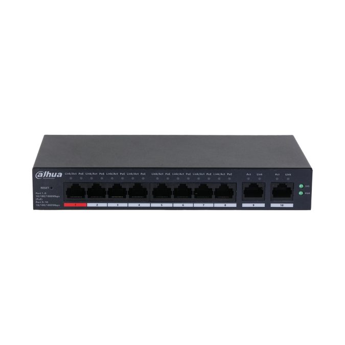 Коммутатор, Dahua, DH-CS4010-8GT-110, Управляемый L2, 8xRJ45 10/100/1000Мбит/с (PoE/PoE+/Hi-PoE), суммарно до 60Вт, 2xRJ45 10/100/1000Мбит/с (uplink)