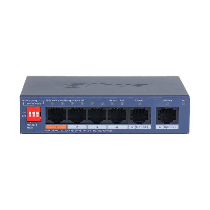 Коммутатор, Dahua, DH-CS4006-4GT-60, 130 мм  90 мм  26 мм, 6-портовый, Рабочая температура. от –10°C до +55°C