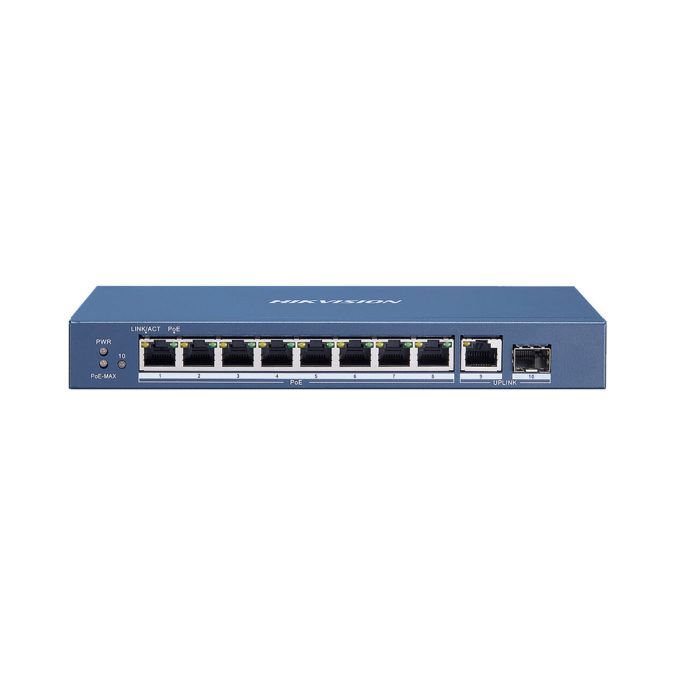 Коммутатор, Hikvision, DS-3E0510P-E(B), Неуправляемый, 8 x Gigabit RJ45, РоЕ 802.3af/at 110W, 1 x Gigabit RJ45, 1 x SFP, Настольный