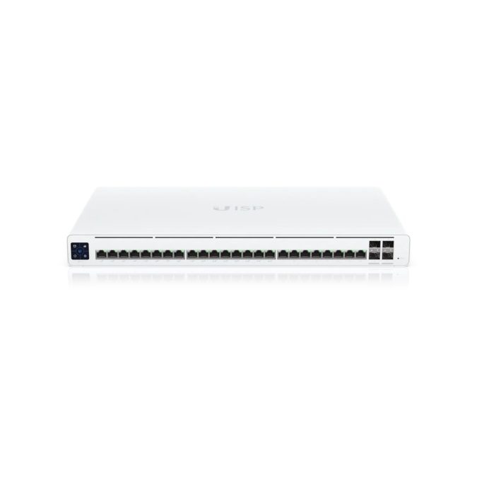 Сетевой коммутатор, Ubiquiti, UISP-S-Pro, UISP Switch, управляемый L2, 24 порта 100/100/1000 Mbps RJ-45 (LAN1–16 с пассивным PoE 27В), uplink/downlink, сенсорный ЖК-дисплей, Passive PoE, бюджет 220Вт, 4 порта SFP+ , Стоечный