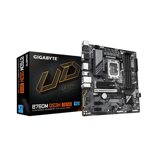 Материнская плата, Gigabyte, B760M DS3H GEN5 (4719331872793), LGA1700, iB760, 4xDDR5 4400/4800/5200/5600, 4xSATA3, 2xM.2 (PCI-E 4.0x4/x2), Raid, 1xD-Sub, 2хDP, 1xHDMI, 3xPCI-Ex16, mATX