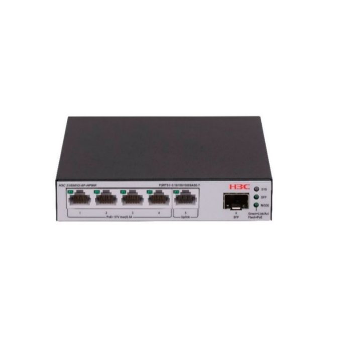 Коммутатор, H3C, LS-1600V2-6P-HPWR-GL, управляемый L2, 4*10/100/1000BASE-T RJ45 PoE+, 1*10/100/1000BASE-T RJ45, 1*1G SFP, 15.4W (802.3af) на 4 порта, 30W (802.3at) на 2 порта, Total PoE 73W, настольный