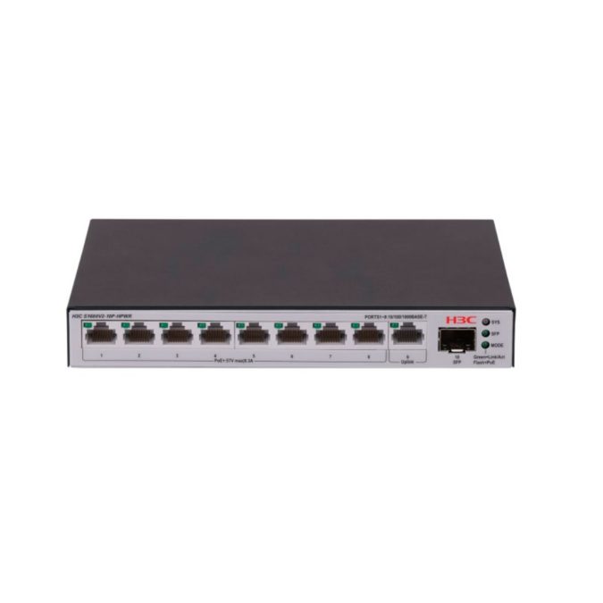 Коммутатор, H3C, LS-1600V2-10P-HPWR-GL, управляемый L2, 8*10/100/1000BASE-T RJ45 PoE+, 1*10/100/1000BASE-T RJ45, 1*1G SFP, 15.4W (802.3af) на 8 портов, 30W (802.3at) на 4 порта, Total PoE 125W