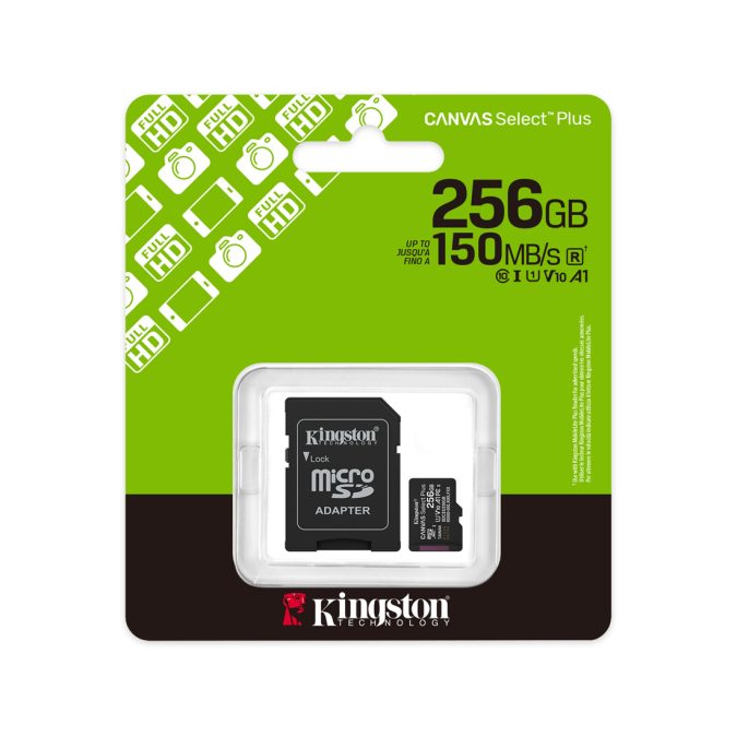 Карта памяти, Kingston, SDCS3/256GB, MicroSDXC 256GB, Canvas Select Plus, A1, U1, V10, c адаптером SD