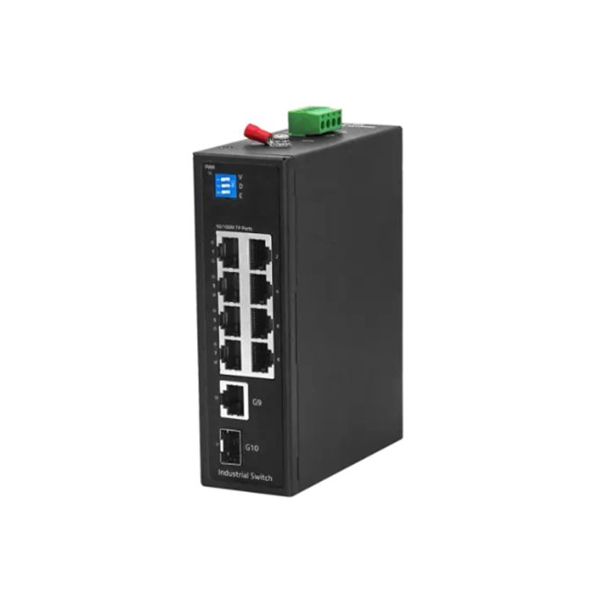 Коммутатор, BDCOM, IES200-LSTW1108, Неуправляемый, 8 портов 10/100M RJ45, 1 порт SFP, 1 порт GE RJ45, DC 12-55В Dual RPS, -40+75°C, DIN-rail