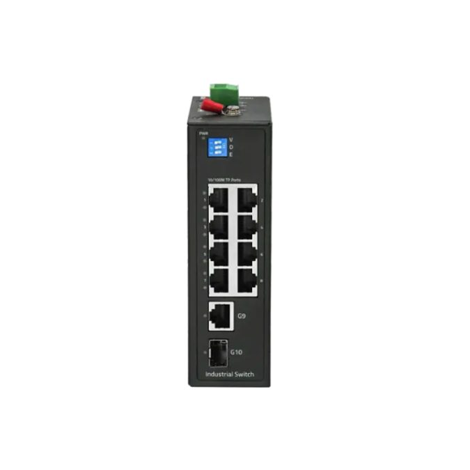 Коммутатор, BDCOM, IES200-LSTW1108, Неуправляемый, 8 портов 10/100M RJ45, 1 порт SFP, 1 порт GE RJ45, DC 12-55В Dual RPS, -40+75°C, DIN-rail