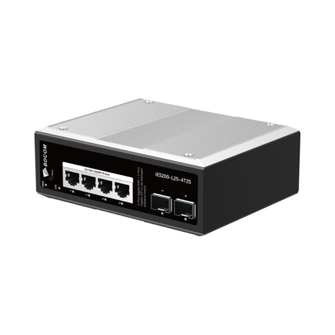 Коммутатор, BDCOM, IES200-L25-4T2S, Управляемый L3-lite, 4 порта 10/100/1000 RJ45, 2 порта SFP, DC 12-55В Dual RPS, вход DC12V, -40+75°C, DIN-rail
