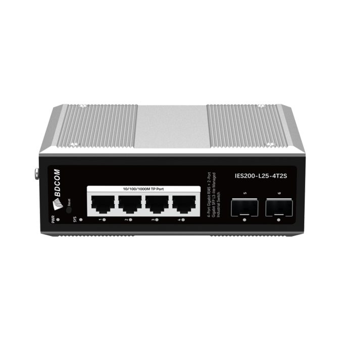Коммутатор, BDCOM, IES200-L25-4T2S, Управляемый L3-lite, 4 порта 10/100/1000 RJ45, 2 порта SFP, DC 12-55В Dual RPS, вход DC12V, -40+75°C, DIN-rail