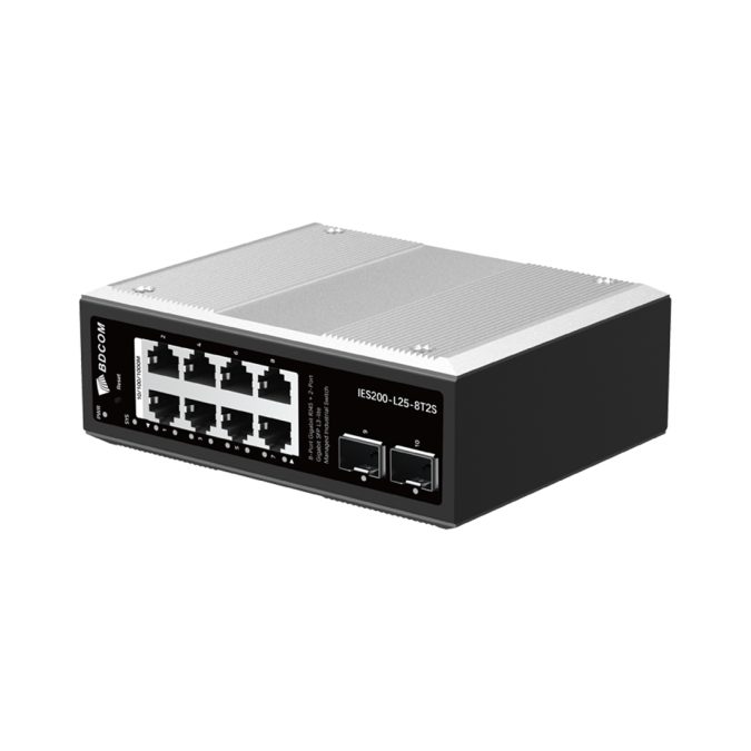 Коммутатор, BDCOM, IES200-L25-8T2S, Управляемый L3-lite, 8 портов 10/100/1000 RJ45, 2 порта SFP, DC 12-55В Dual RPS, вход DC12V, -40+75°C, DIN-rail