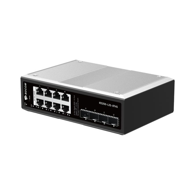 Коммутатор, BDCOM, IES200-L25-8T4S, Управляемый L3-lite, 8 портов 10/100/1000 RJ45, 4 порта SFP, DC 12-55В Dual RPS, вход DC12V, -40+75°C, DIN-rail