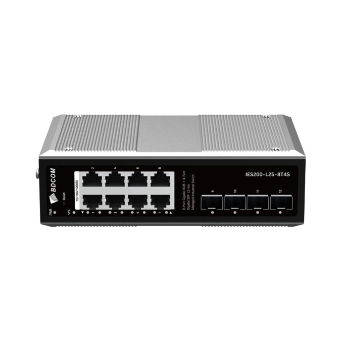 Коммутатор, BDCOM, IES200-L25-8T4S, Управляемый L3-lite, 8 портов 10/100/1000 RJ45, 4 порта SFP, DC 12-55В Dual RPS, вход DC12V, -40+75°C, DIN-rail